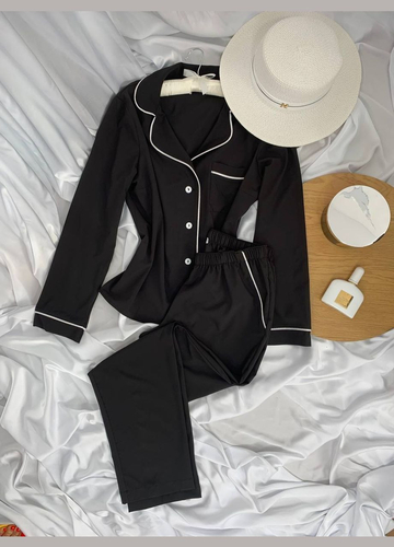 Чорна всесезон жіноча піжама (чорний/білий кант) сорочка з довгим рукавом і штани сорочка + брюки