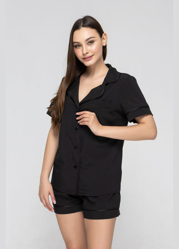 Чорна всесезон жіноча піжама сорочка з коротким рукавом і шорти сорочка + шорти